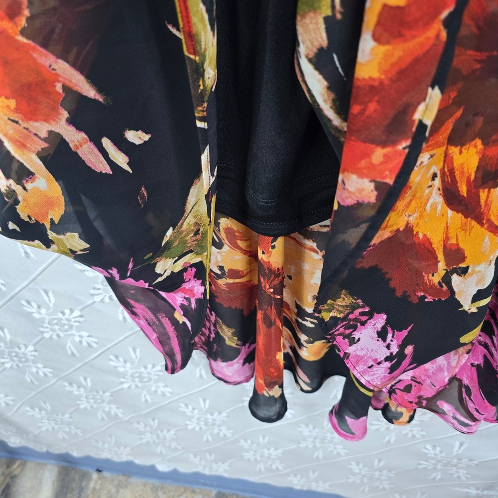 Signature by Robbie Bee Midi Dress Woman Size 14 Black Floral Print V Neck Lined - Picture 8 of 13